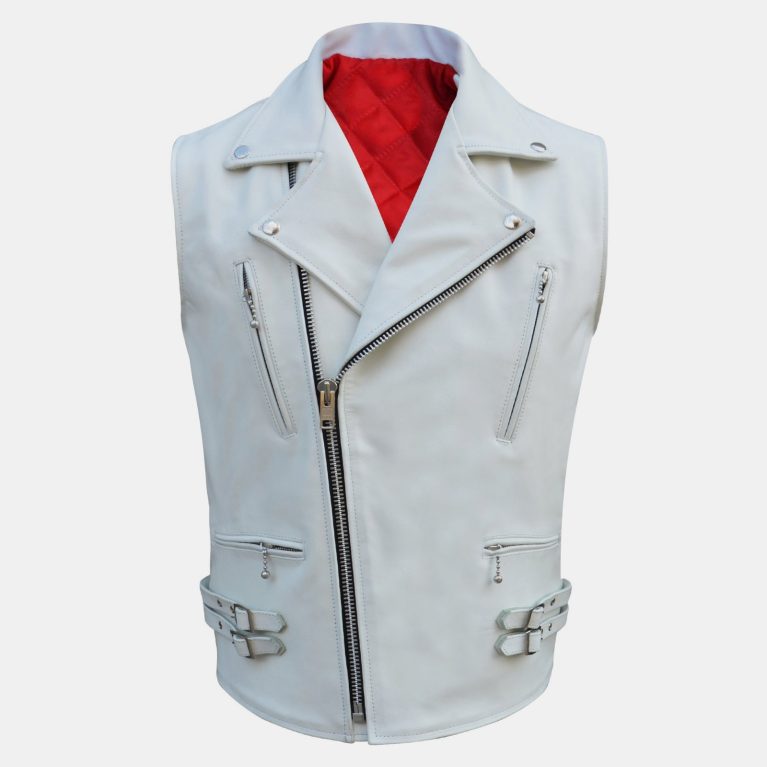 Men’s White Leather Biker Vest